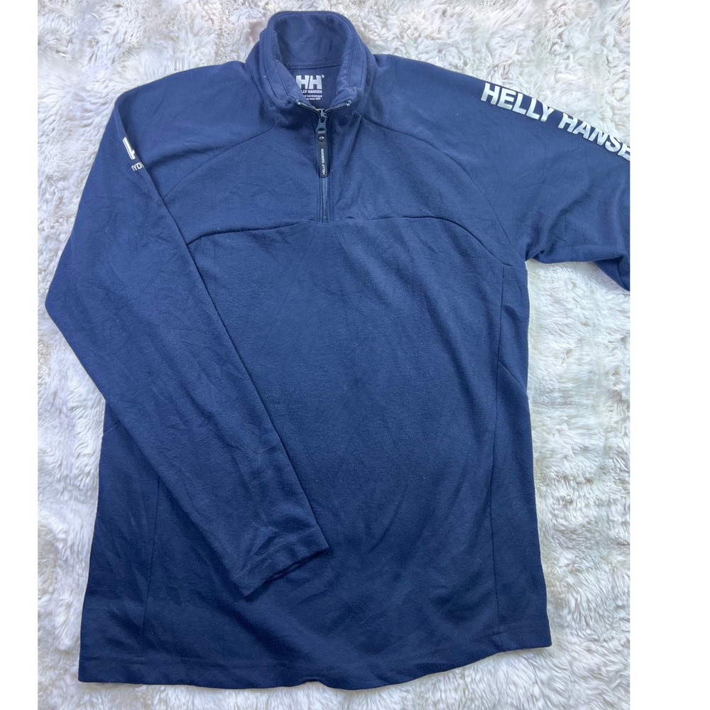 Helly Hansen Mens Navy Blue Quarter Zip Fleece Pullover Logo Sleeve Size L. A40